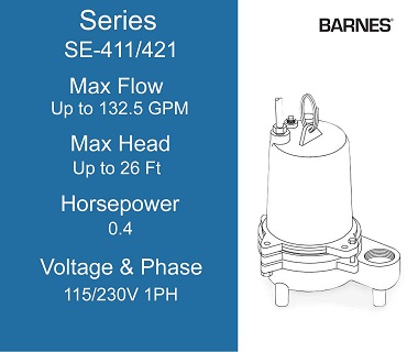 Barnes SE-411/421 Series Series Light Duty Residential 0.4 Horsepower Sewage Pump